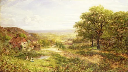 Landschaft mit Kindern an einem Teich